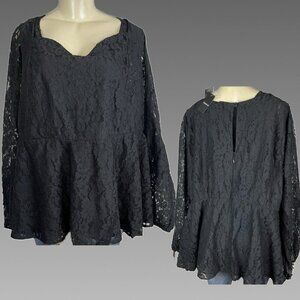 Torrid +6 Black Sweetheart Neckline Lace Lined Keyhole Long Sleeve Peplum Blouse